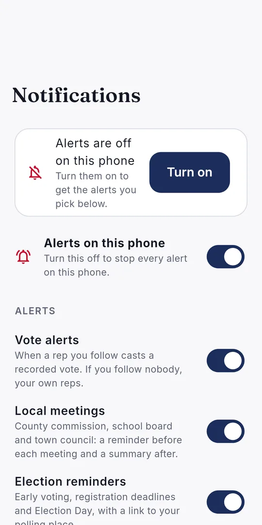 TotalGovt Notifications screen with switches for alerts on this phone, vote alerts, and local meetings alerts.