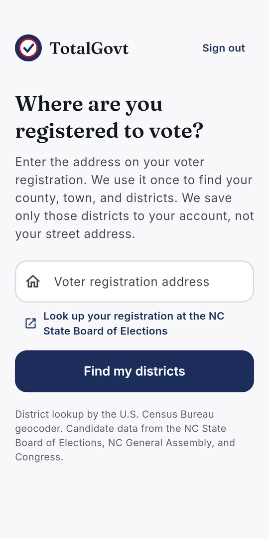 TotalGovt sign-in step asking where you are registered to vote, with a field for your voter registration address and a Find my districts button.